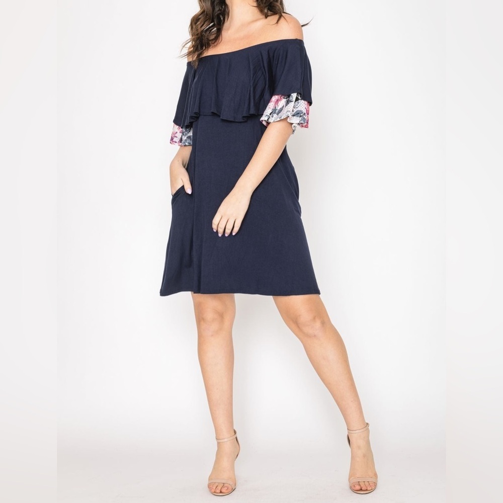 Eloges • Navy & Floral Lace Ruffle Off Shoulder Dress